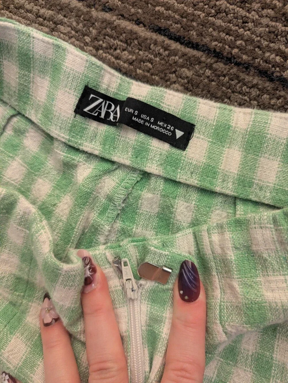 Zara Green And White Gingham Wide Leg Pants